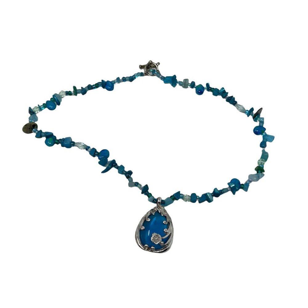 Necklace Blue Stones Ocean Beach Theme Silvertone Glass Flower Vintage Pendant